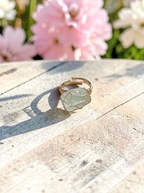 GREEN CALCITE raw cut wire wrapped natural stone adjustable gold tone ring NEW